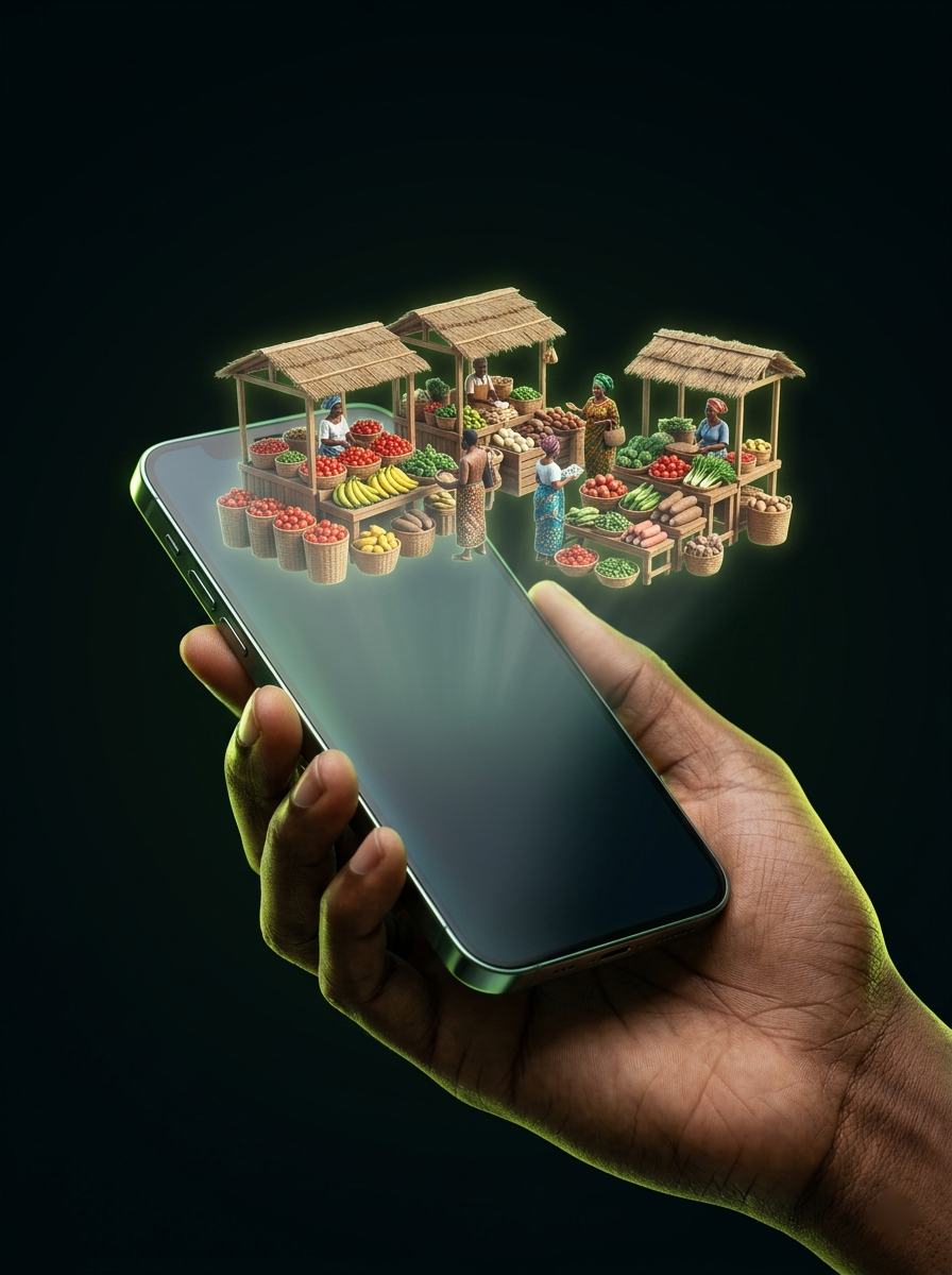 A hand holding a phone with a Nigerian open-air market rising from the screen