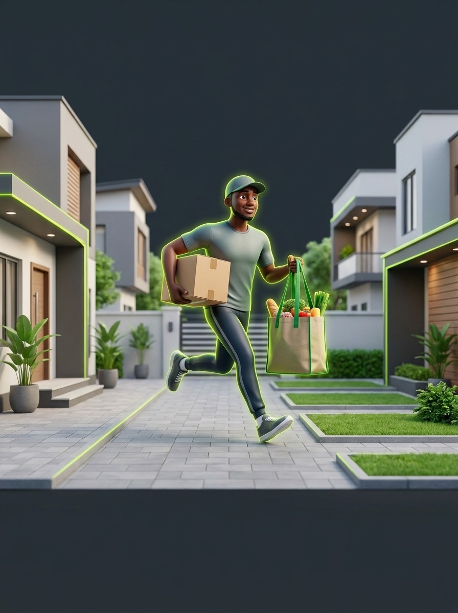 A 3D illustration of an Urua runner sprinting through an estate carrying a parcel