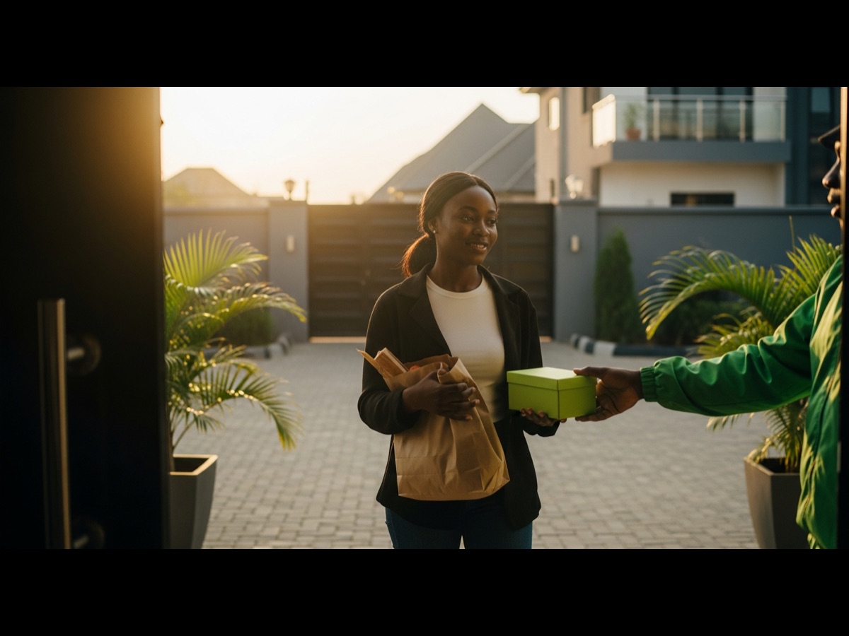 A resident at home receiving an Urua delivery at the gate