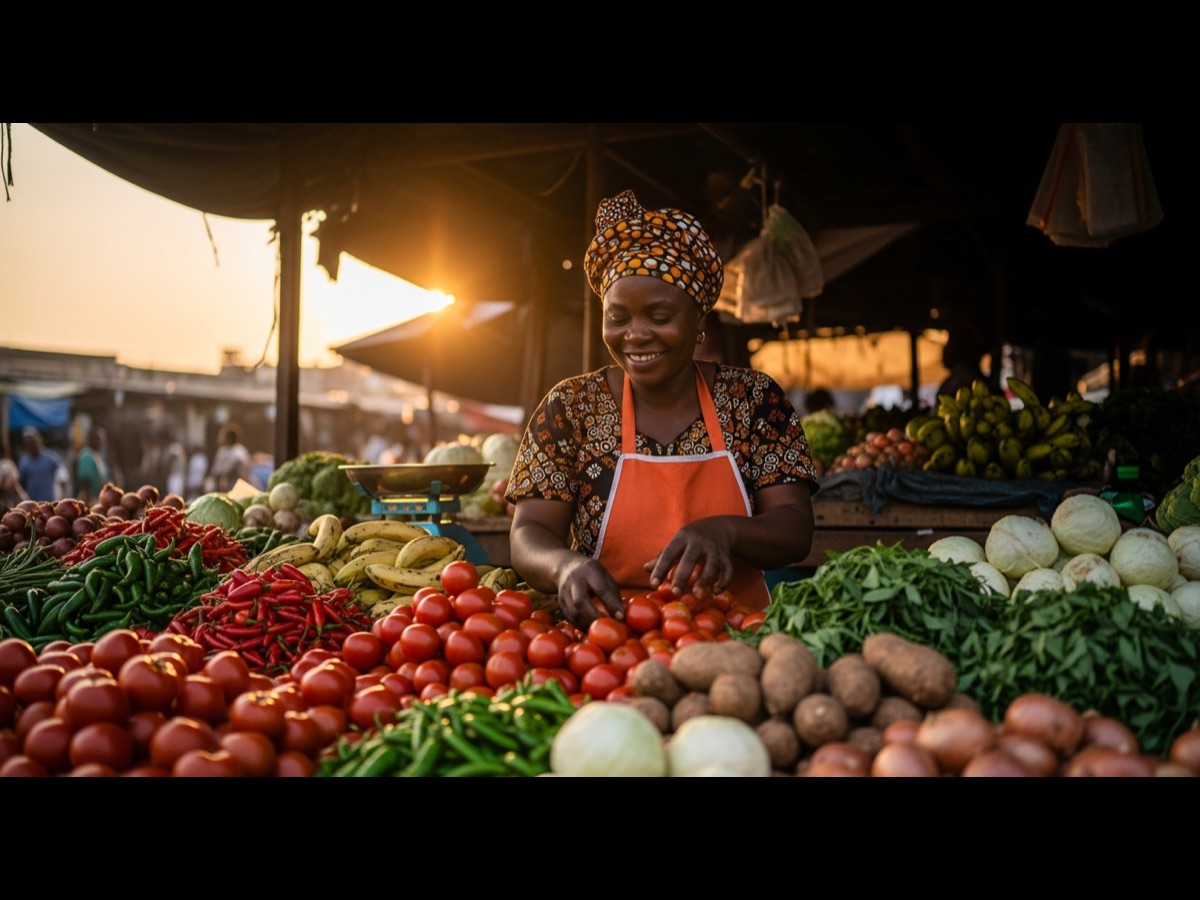 A market vendor selling fresh goods from their stall on Urua